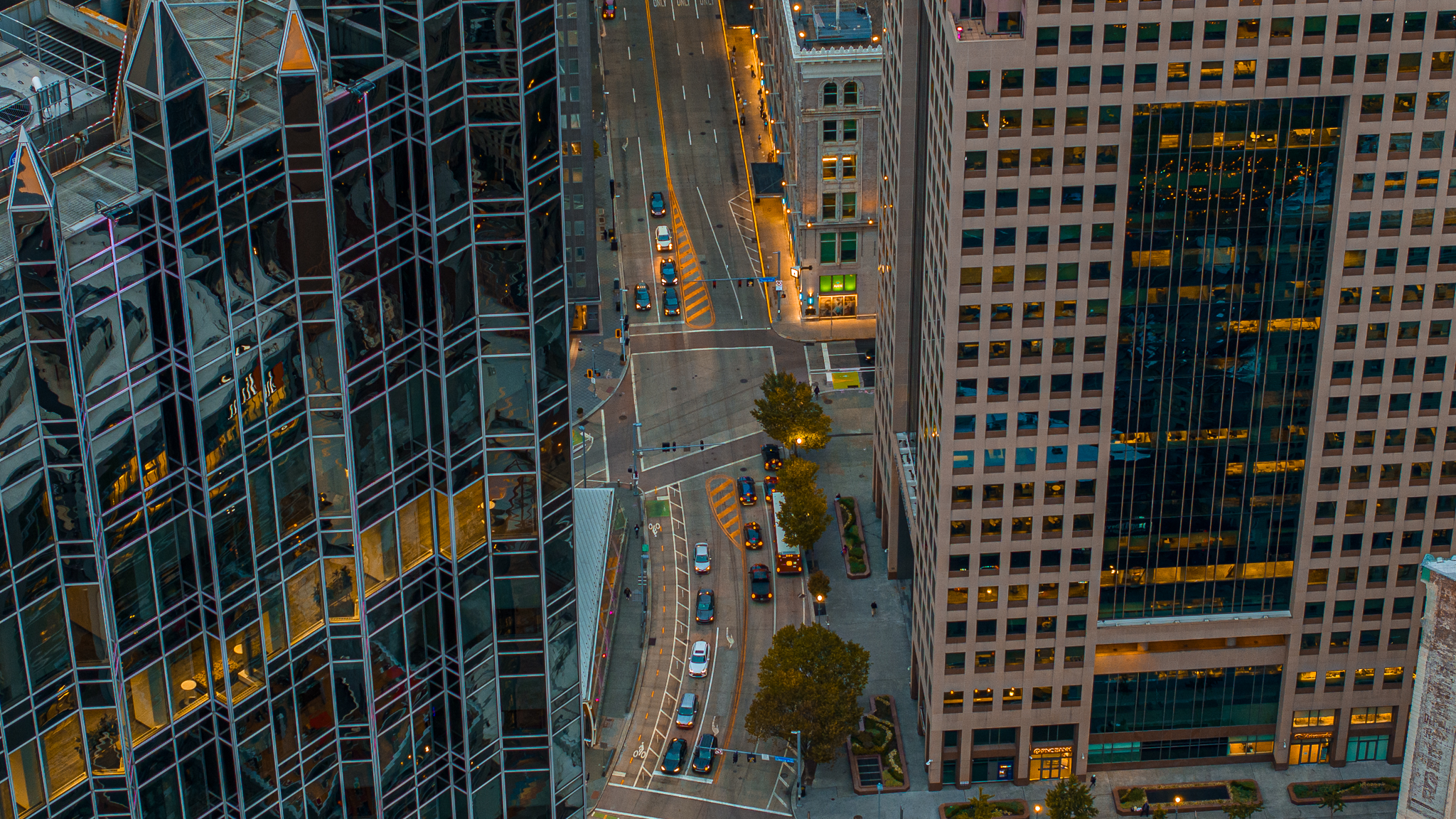 Overhead aerial view of Pittsburgh downtown streets at dusk