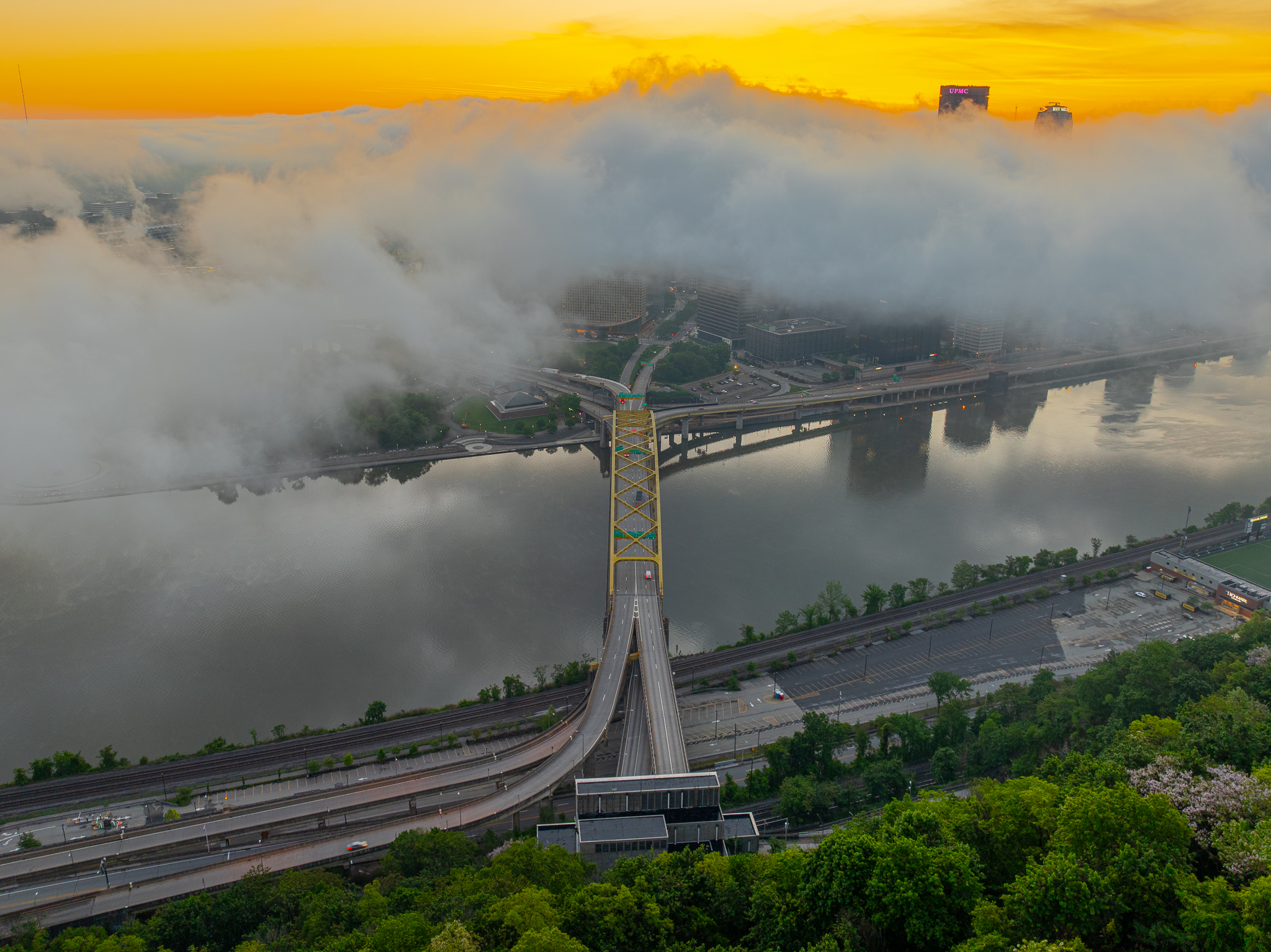 Pittsburgh foggy morning aerial drone shot