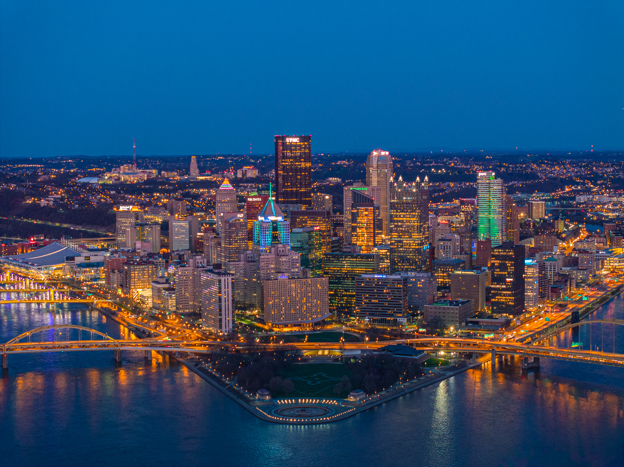 Pittsburgh skyline aerial at blue hour