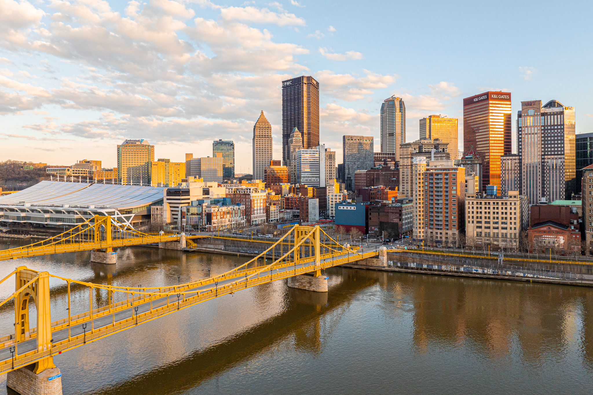 Pittsburgh golden hour skyline with bridges