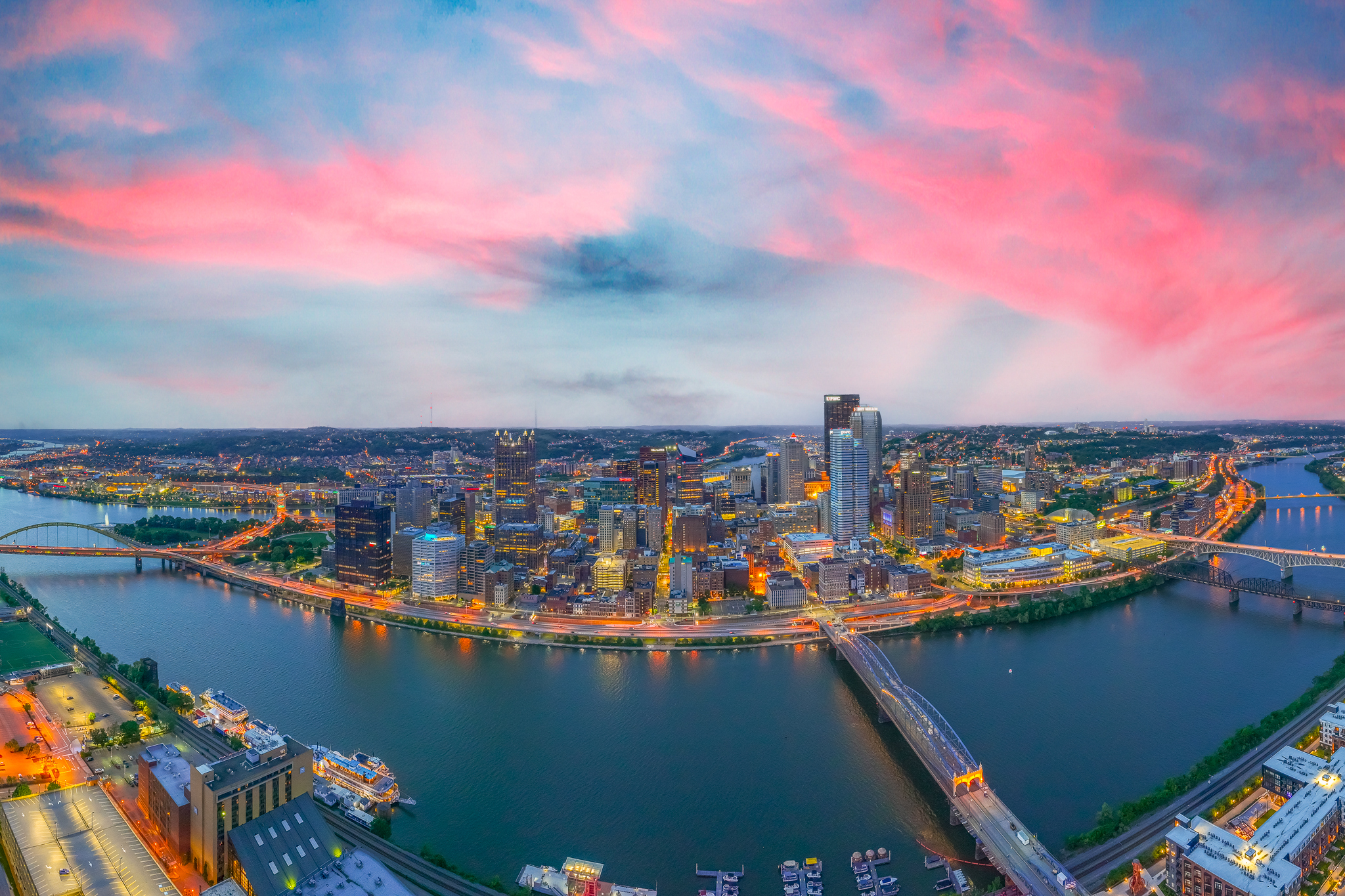 Pittsburgh three rivers aerial at sunset