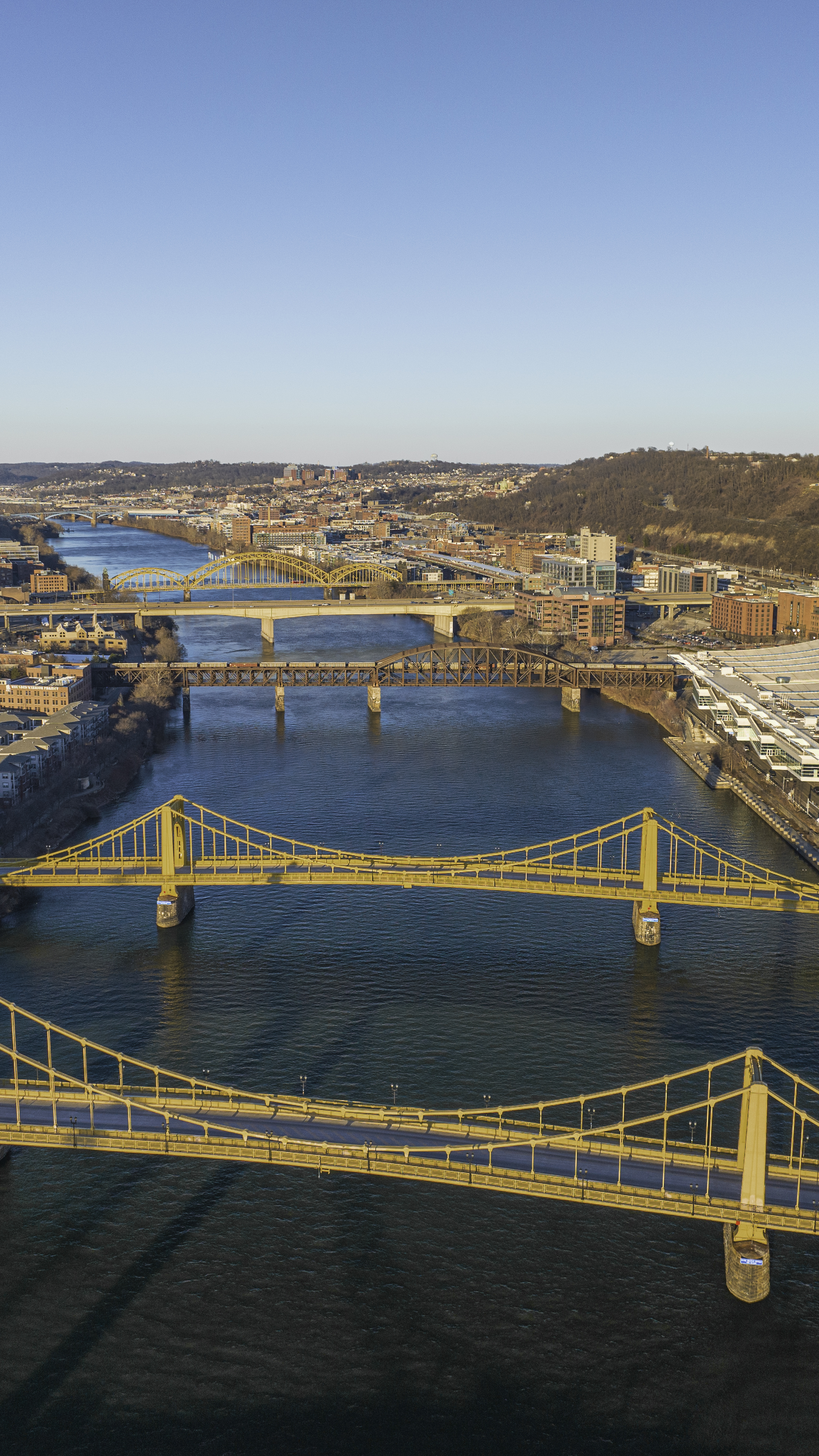 Three Sisters bridges over the Allegheny River aerial view
